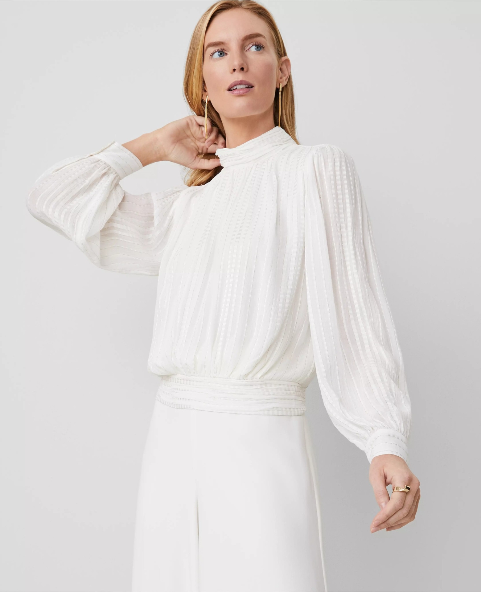 ATMSSBHP01 Ann Taylor Stripe Shirred Banded Hem Popover