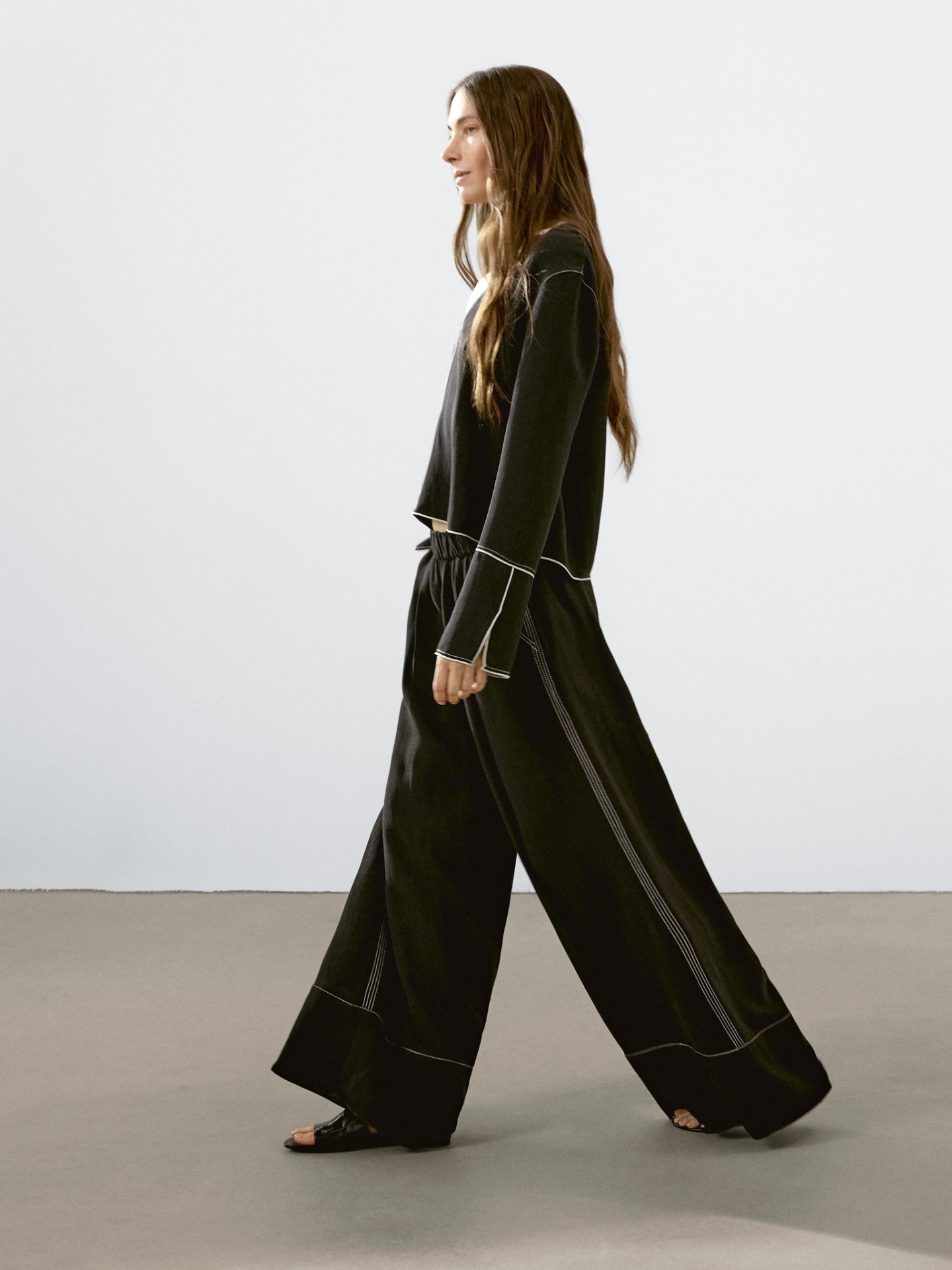 MDFTWCT01 Massimo Dutti Topstitching Wide Leg Trousers