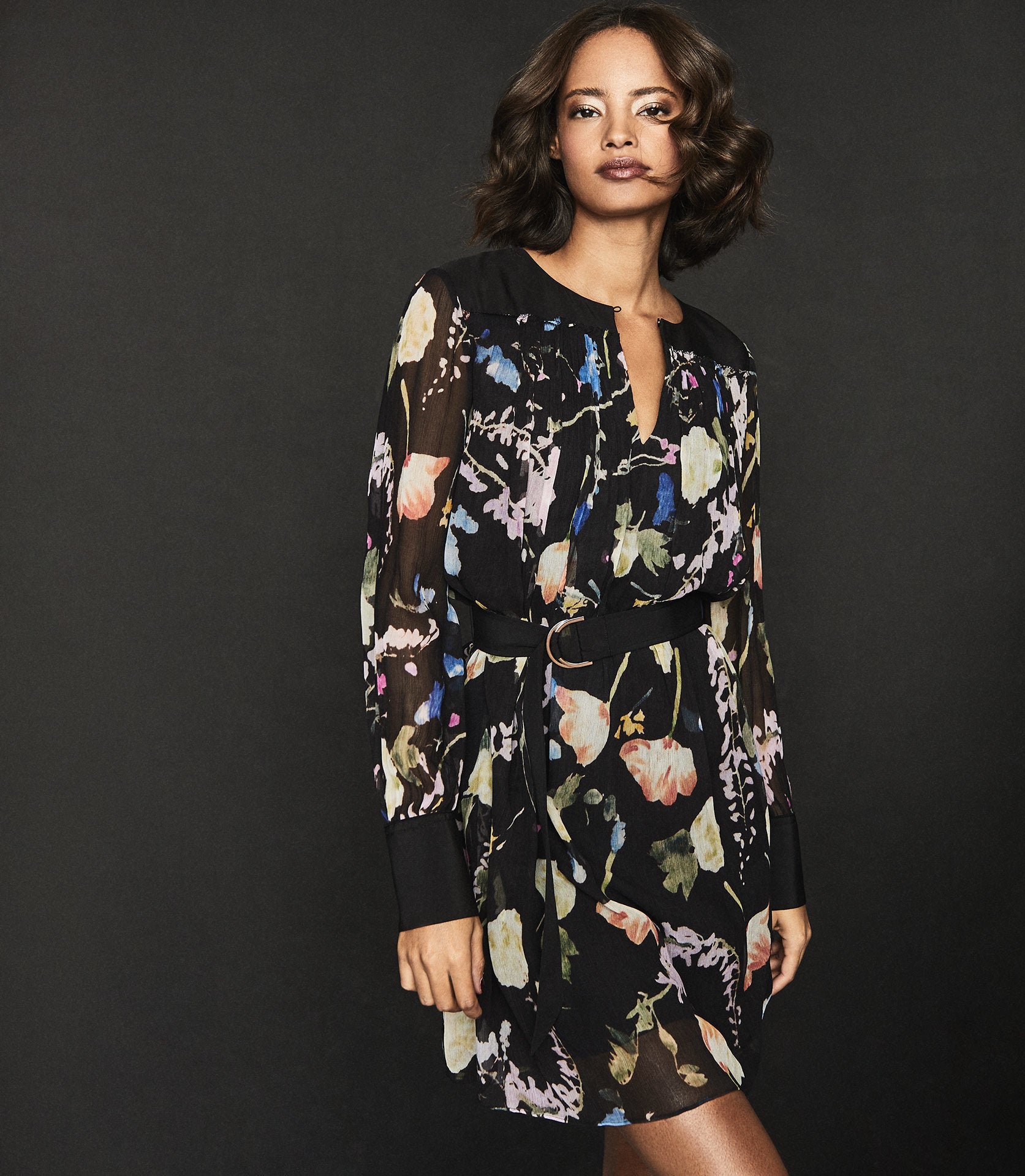 RFFCSD01 REISS FLORAL-PRINT CRINKLED SHEER DRESS