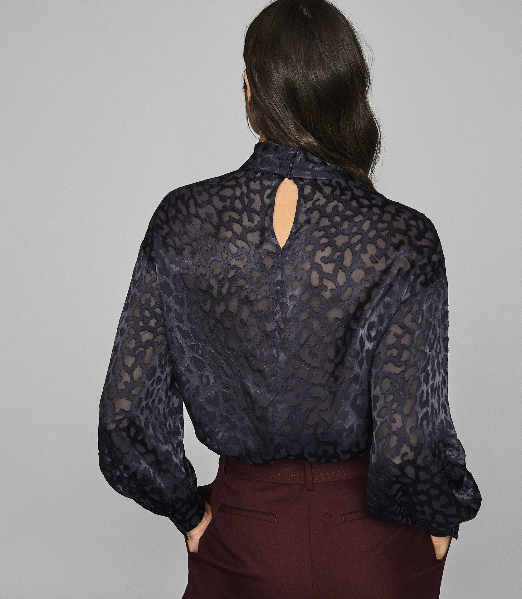 RTNSBBPB01 Reiss Navy Silk Blend Burnout Pattern Blouse