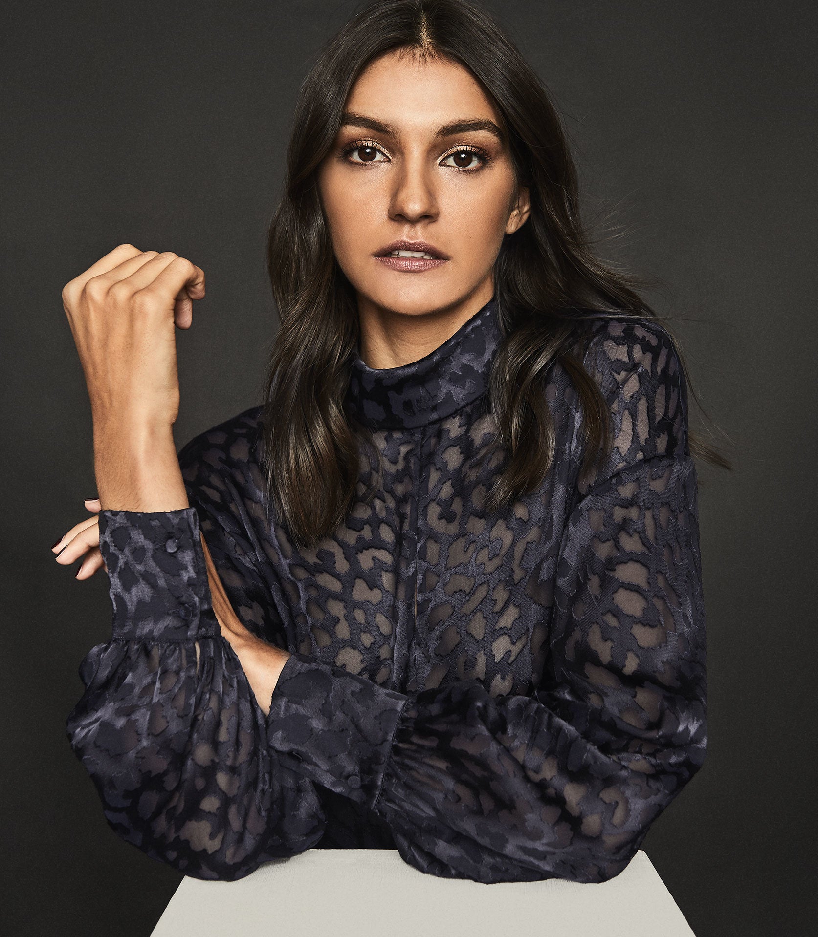RTNSBBPB01 Reiss Navy Silk Blend Burnout Pattern Blouse