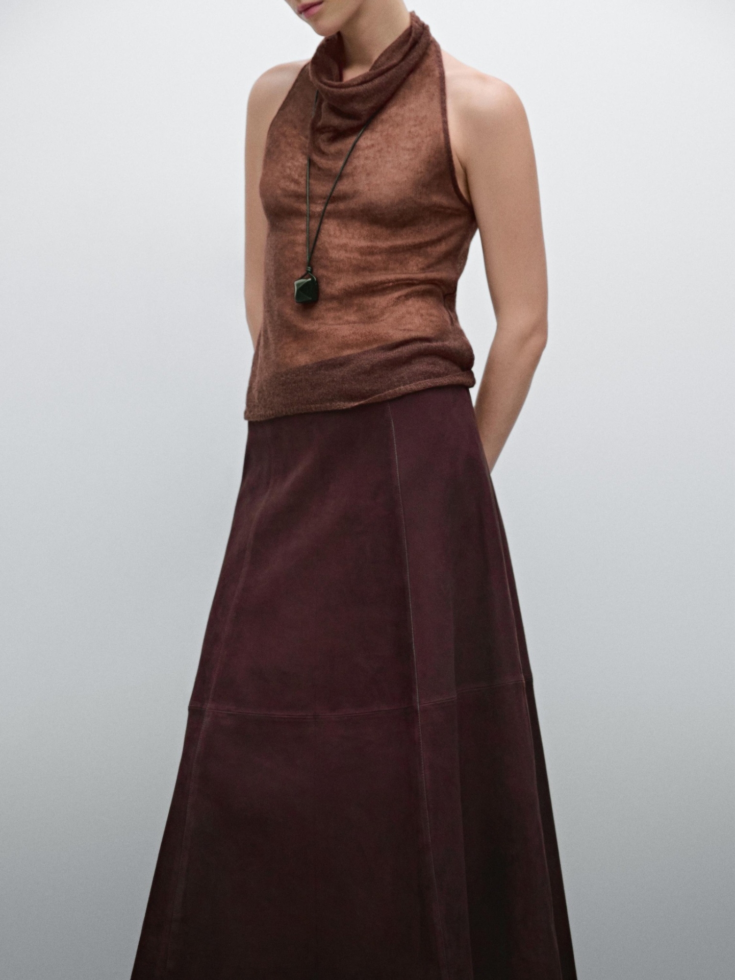 MDSLFSWS01 Massimo Dutti Suede Leather Flounce Skirt