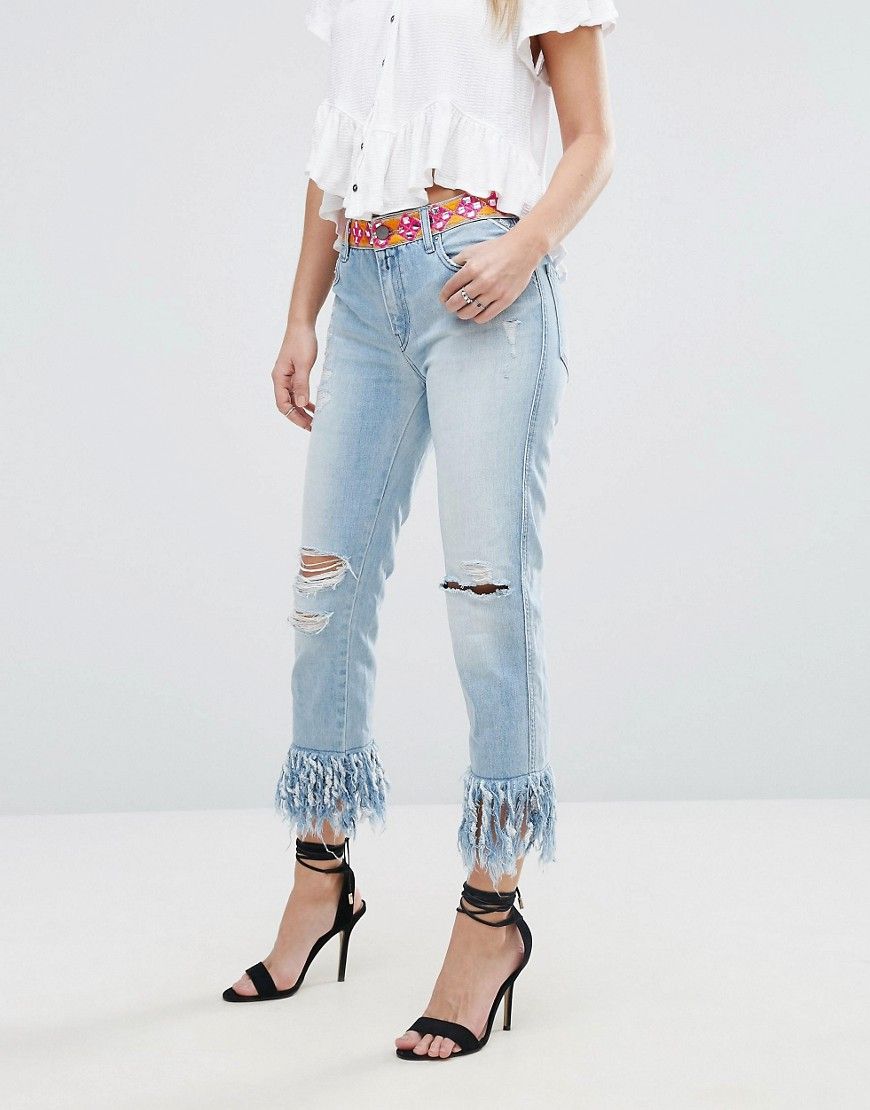 RSJWRAEFH01 Replay Straight Jeans with Rips and Extreme Frayed Hem